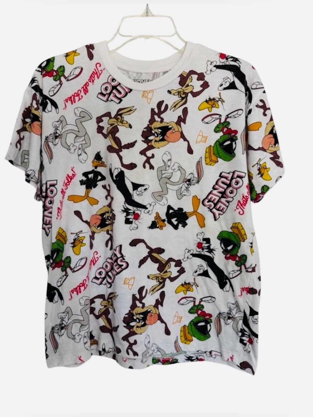 Looney Tunes All-Over Print Tee — White with Multi-Color Cartoon Graphics